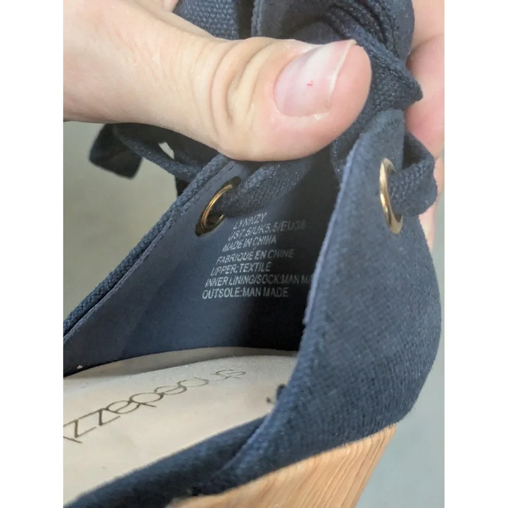 ShoeDazzle Wedge Sandals Women 7.5 Navy Blue Lace Up Espadrille Heel